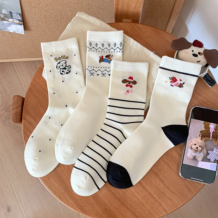 【精梳棉】袜子女秋冬新款中筒袜韩版条纹点点卡通可爱小狗棉袜
