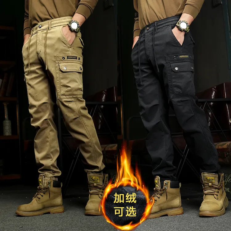 新款秋冬季男工装裤加绒休闲裤胖子大码百搭户外美式宽松束脚长裤