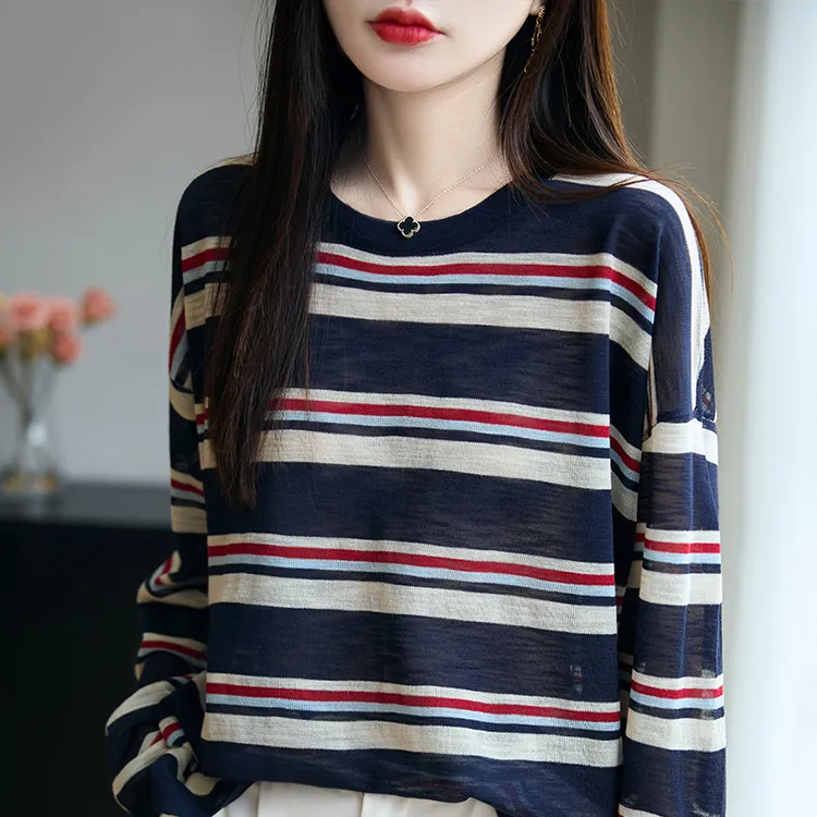 哥弟阿玛施正品条纹圆领针织衫2025秋季新款宽松长袖独特漂亮小衫