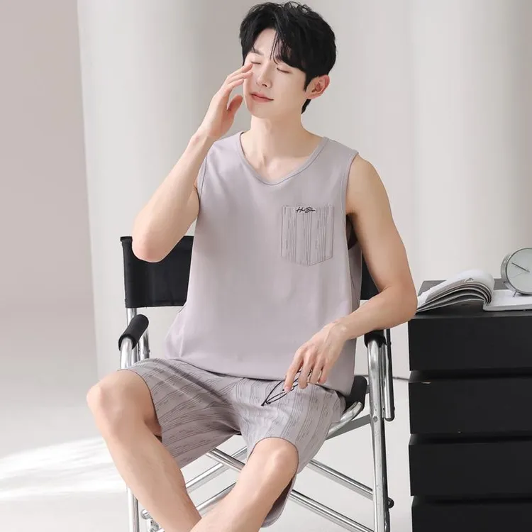 GPSUNLU睡衣男款夏季纯棉薄款背心短裤条纹睡裤青少年家居服套装