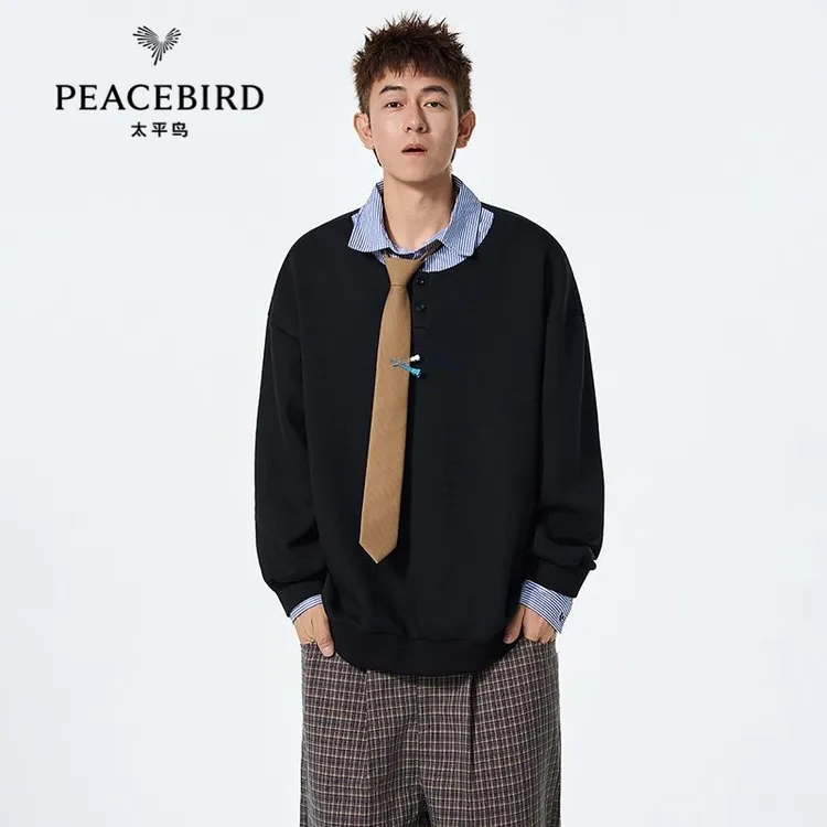 PEACEBIRD太平鸟翻领春季常规速干长袖秋冬男士宽松毛绒卫衣秋季