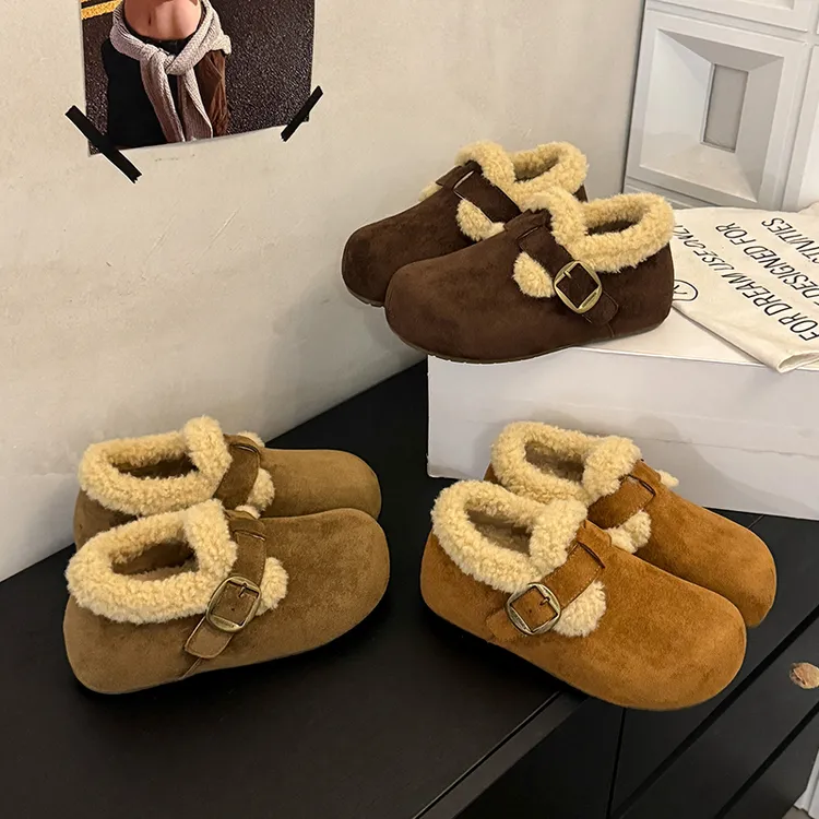 4CM~内增高勃肯鞋女厚底加绒保暖秋冬季棉鞋软皮一脚蹬毛毛乐福鞋