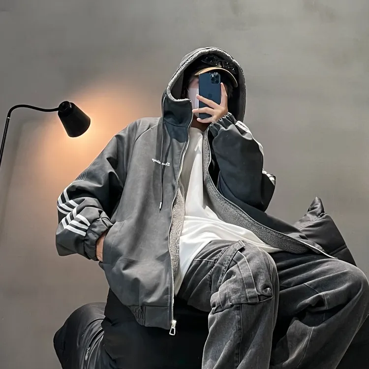 冬季新款美式棉衣夹克潮流连帽羊羔绒内胆三条杠棉服情侣皮衣外套