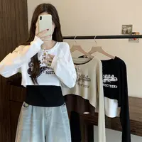 大码宽松上衣女秋季韩系设计感别致洋气背心短款上衣两件套13119