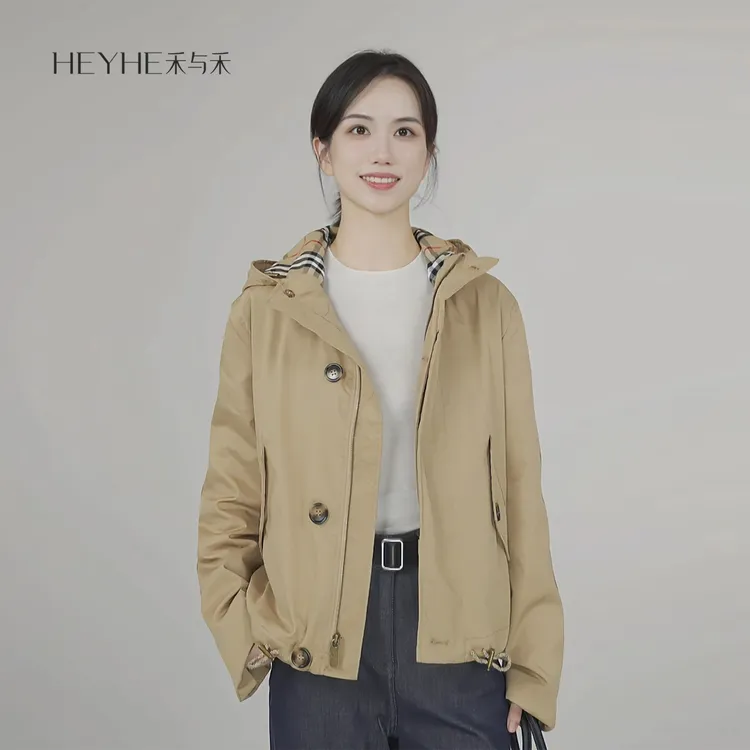 小禾【嘎巴甸风衣】棉质卡其连帽巴恩风奢华经典格纹内衬短风衣外套