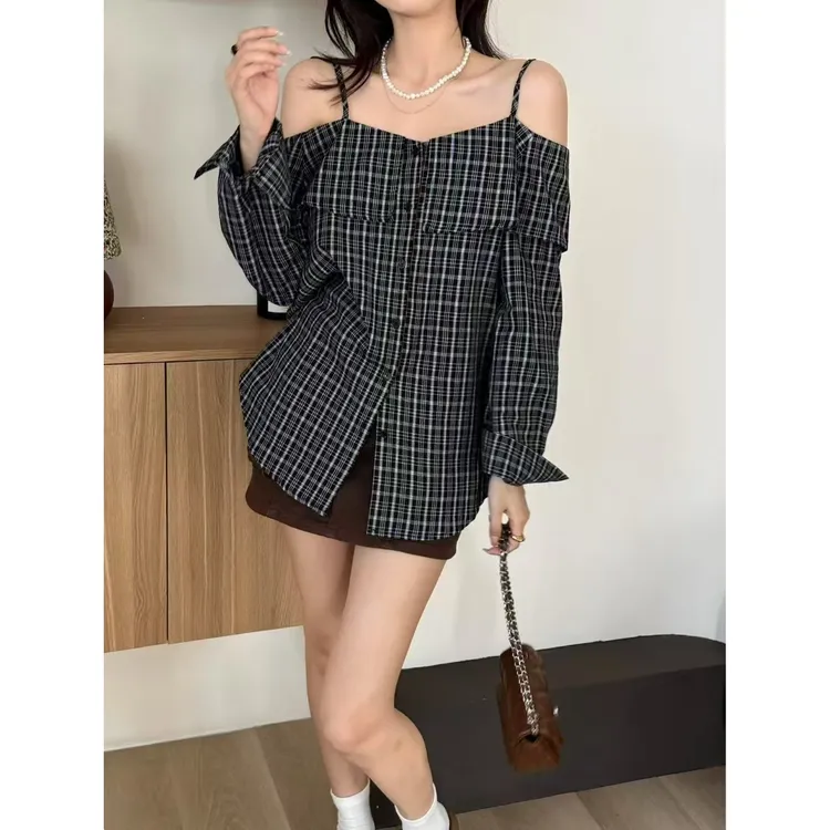 SP 复古一字肩格子长袖衬衫女早秋设计感气质宽松吊带衬衣