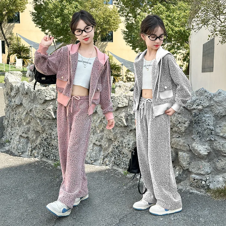 女童秋季拼接小香风套装2025新款6-12岁小女孩连帽开衫两件套潮