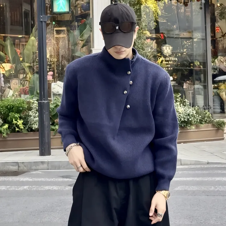 瞎穿的包 秋冬新品小众个性设计款立领毛衣 复古纽扣设计宽松版型