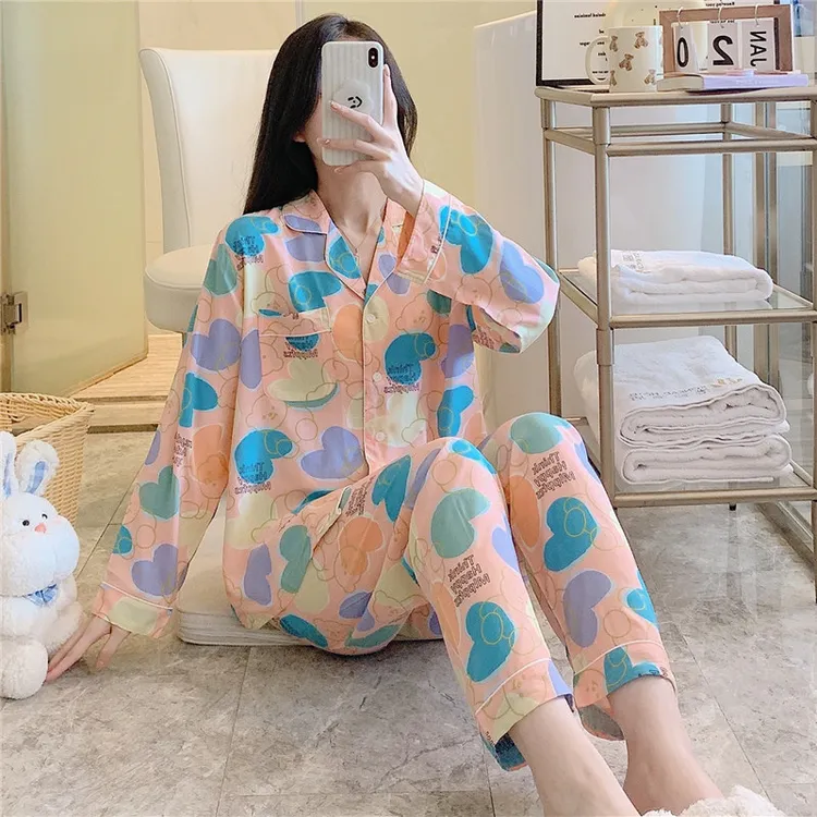 2025新款棉绸睡衣女春秋长袖薄款套装卡通印花家居服睡衣秋款女