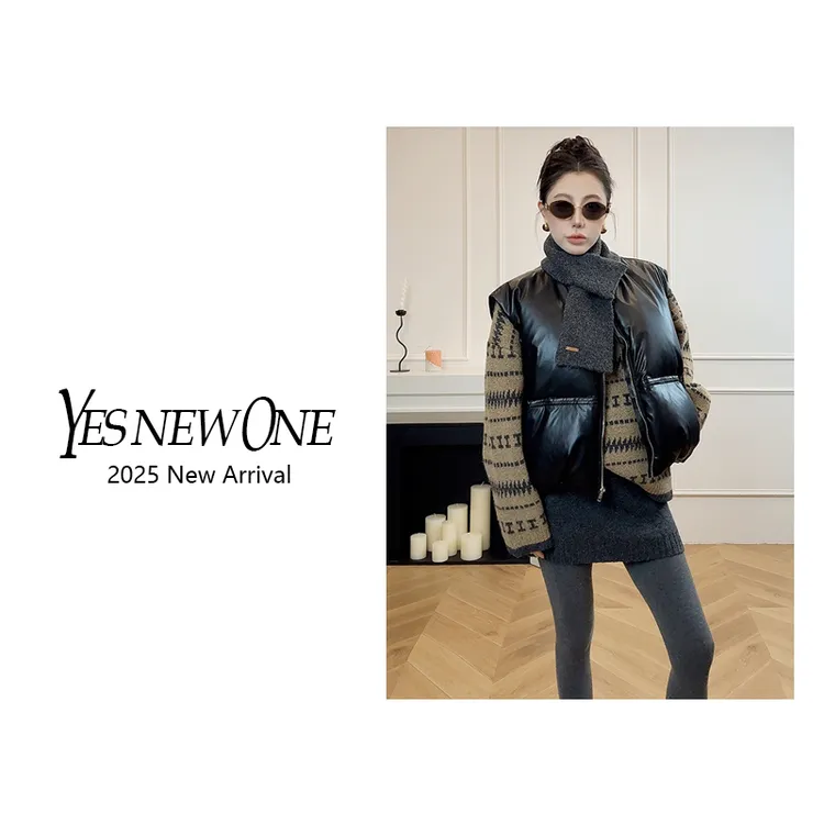 【大蟲家】白鸭绒蛋白皮韩系时尚高级宽松无领皮衣羽绒马夹2025冬季