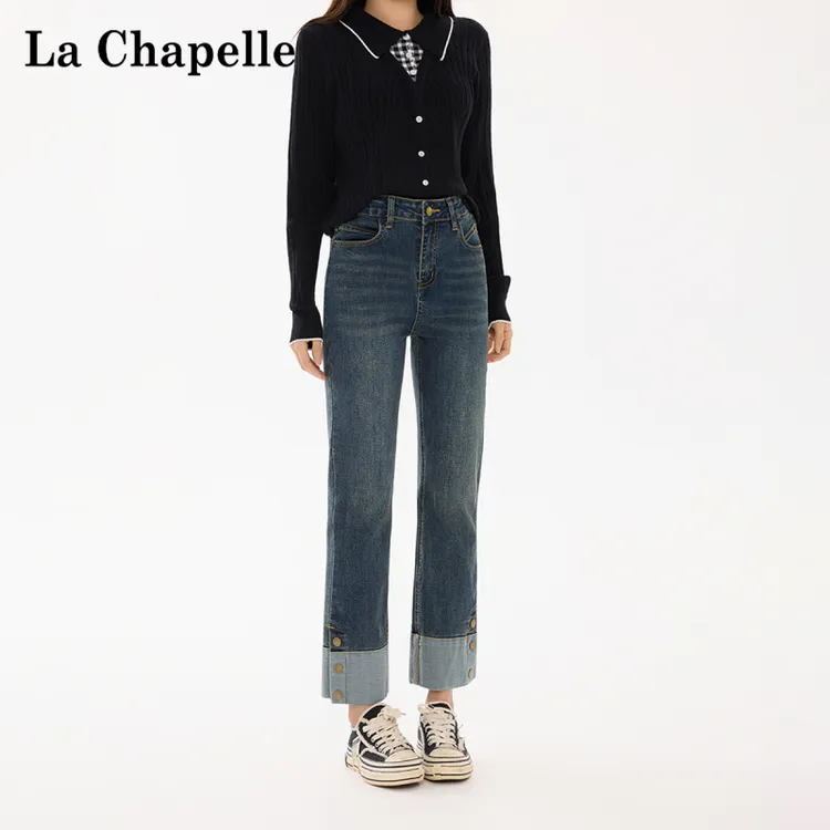 拉夏贝尔卷边直筒牛仔裤女秋季高腰修身显瘦小个子九分裤烟管裤子