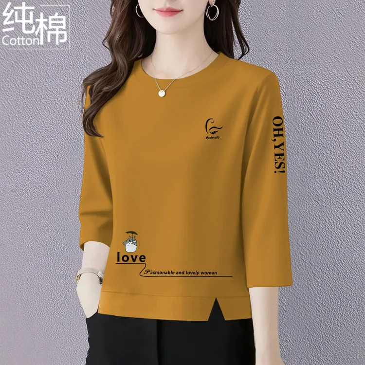 纯棉七分袖t恤女中年妈妈装夏季新款洋气宽松显瘦遮肚上衣女体恤