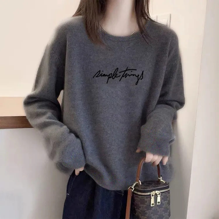 休闲慵懒风德绒加厚圆领长袖T恤女宽松打底衫上衣设计感简约百搭