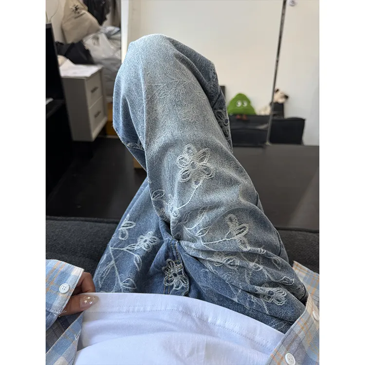 美式vibe提花牛仔裤男款秋季痞帅高级感裤子cleanfit宽松休闲裤潮