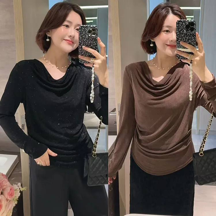 【DIS 清仓】【温婉气质】早秋气质显瘦荡领细闪长袖上衣Z525X14179