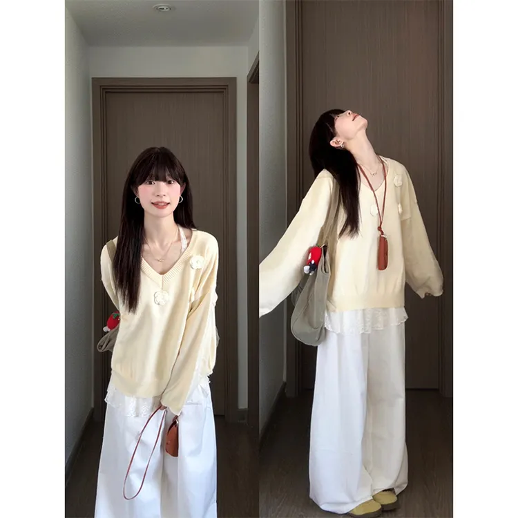 MARIE.COCO秋季新款韩系立体花朵毛衣内搭蕾丝上衣阔腿休闲裤套装