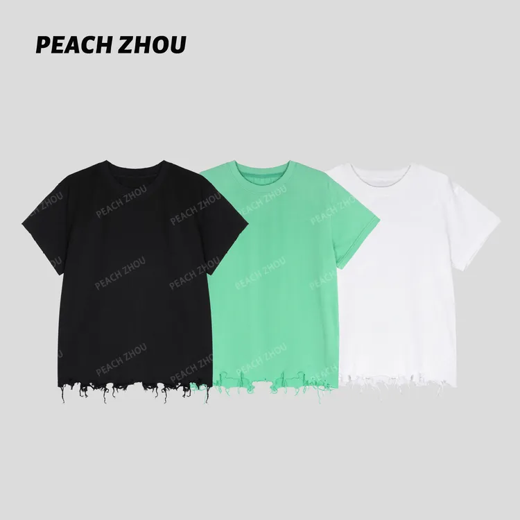 『PEACHZHOU』破坏下摆'不羁'流苏边磨破宽松圆领短袖休闲中性T恤女