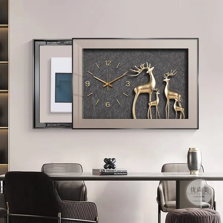 现代轻奢电表箱装饰画大尺寸麋鹿餐厅带钟表推拉式配电箱简约挂画