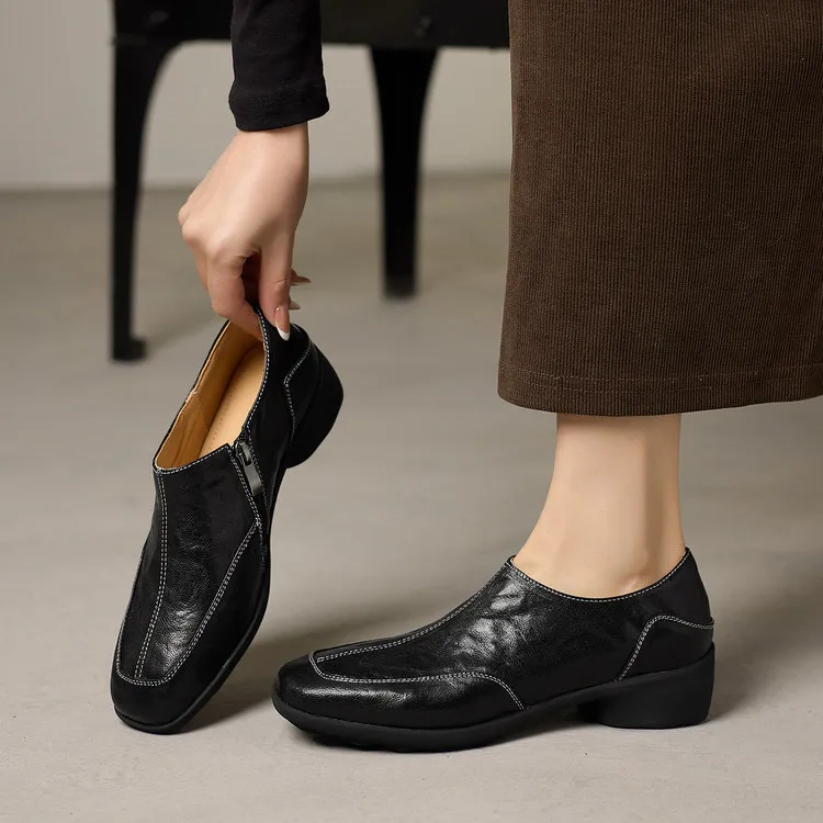 羊皮 跟高4cm 34-40春秋新款法式单鞋复古百搭方头深口单鞋厚底鞋