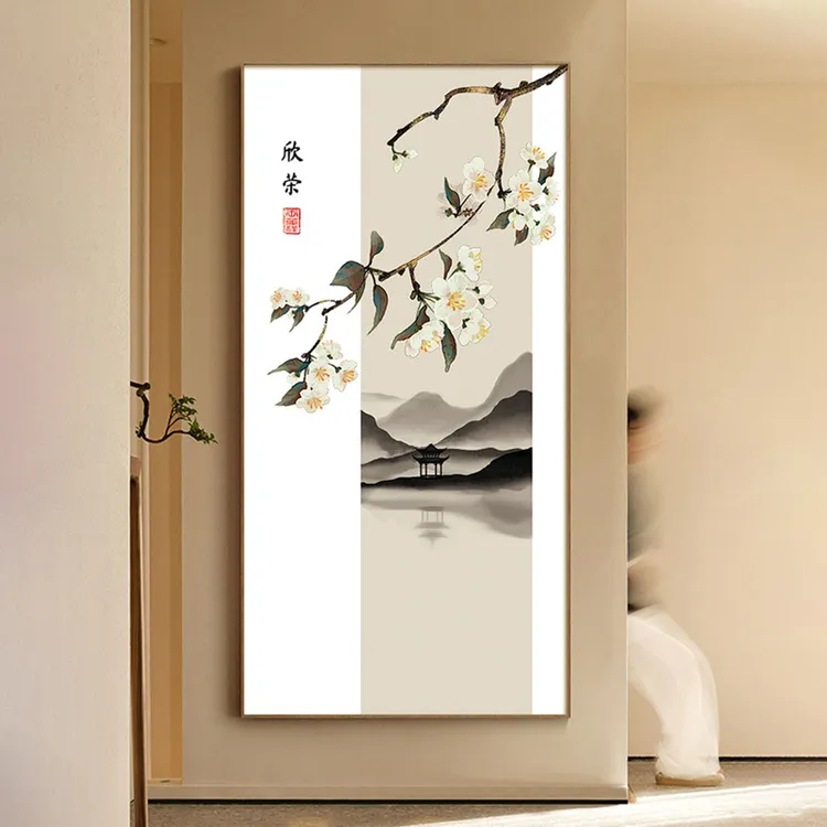 新中式花鸟茶室玄关装饰画中国风水墨山水画走廊过道墙面装饰挂画