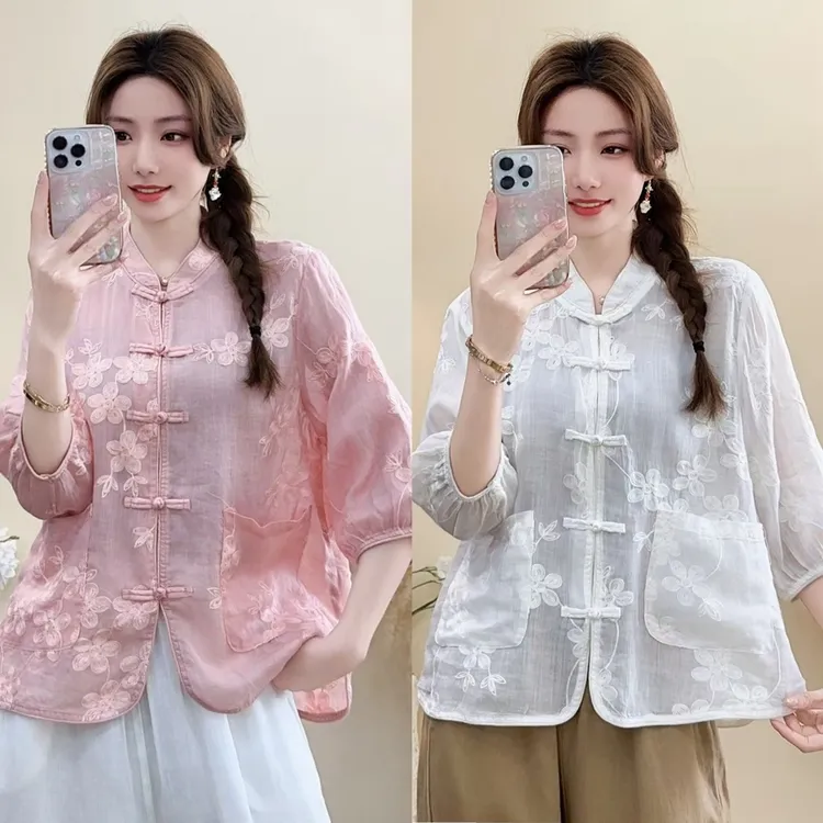 雪儿 新中式国风100支苎麻衬衫刺绣茶服口袋盘扣宽松上衣1533