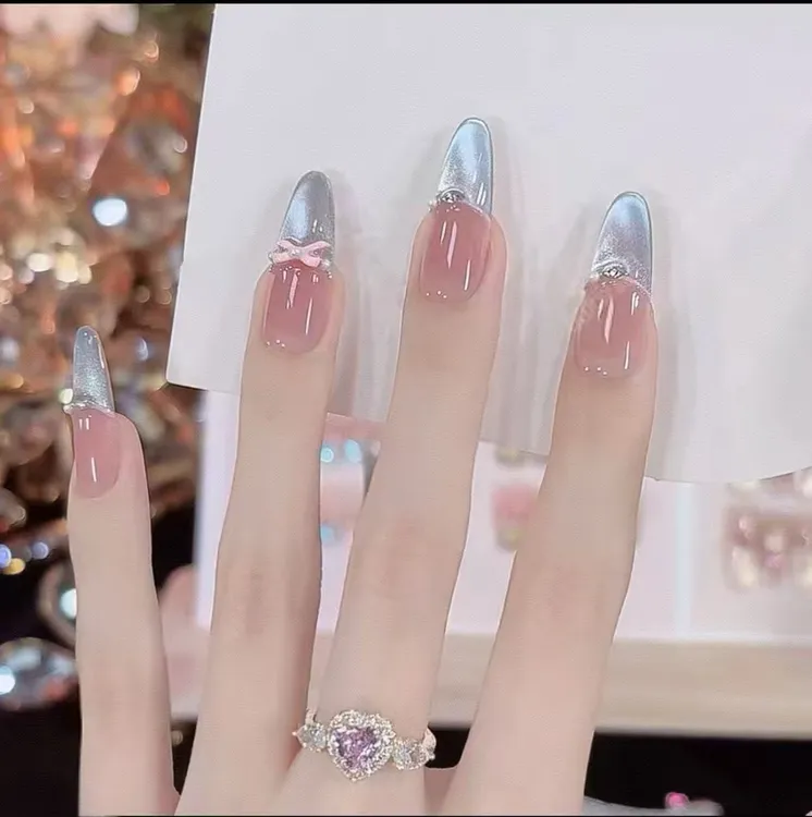 【蓝精灵】纯手工穿戴甲春季灰蓝色猫眼美甲蝴蝶结美甲贴片10片