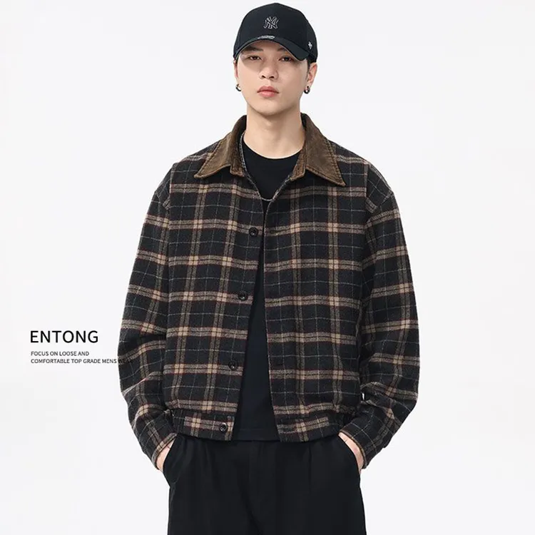 Entong老钱风羊毛格纹翻领夹克男士秋冬重磅长袖美式复古短款外套