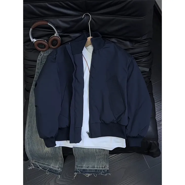 藏青色bomber夹克棉服男秋冬短款廓形棒球服美式cleanfit立领外套
