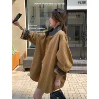 MUKOK MIU系巴恩风咖色立领撞色格纹麂皮绒分割设计夹克外套女秋