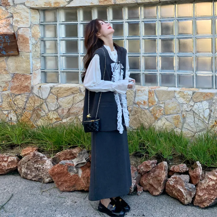 韩系ins风设计感套装裙女2025春秋新款简约通勤风复古显瘦两件套