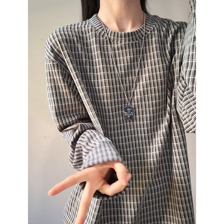 美式高街格子长袖T恤男秋冬季德绒卫衣cleanfit翻领内搭打底衫