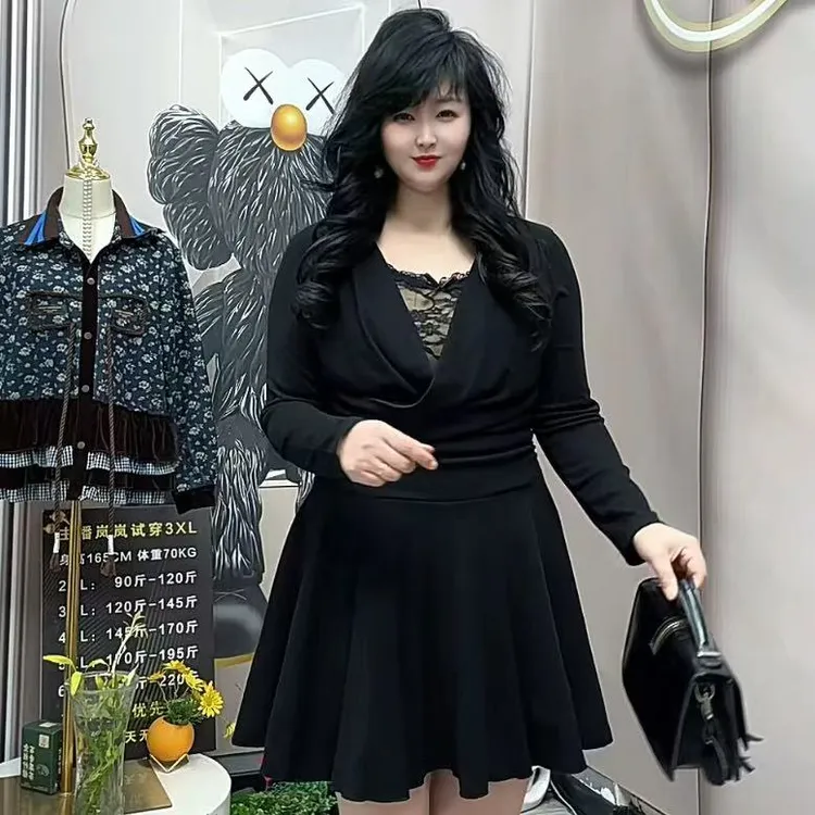 岚岚大码女装纯欲风显瘦a版假两件连衣裙7259