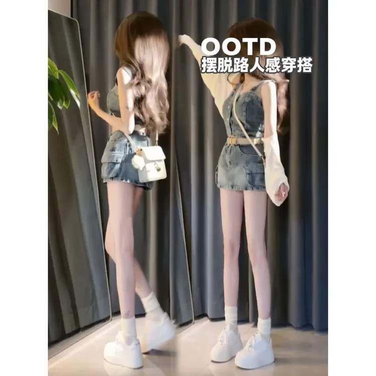 夏季套装女2025新款时尚辣妹复古牛仔吊带背心短裙防晒开衫三件套
