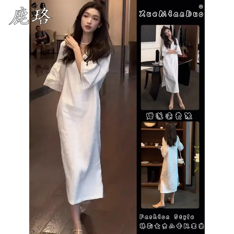 小个子超好看白色长款镂空连衣裙小众设计遮肚子宽松显瘦法式长裙