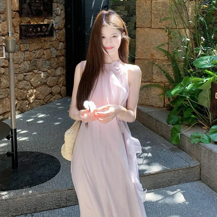 法式紫色挂脖吊带连衣裙夏季2025新款小个子海边度假气质长裙4787