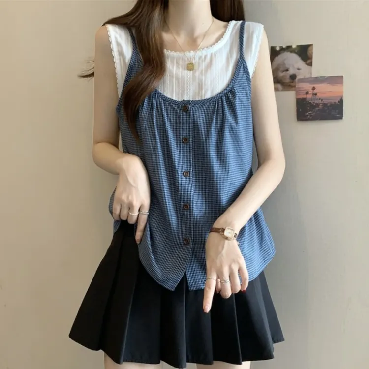 大码假两件格子无袖背心衬衫女夏季新款胖MM宽松显瘦百搭洋气上衣