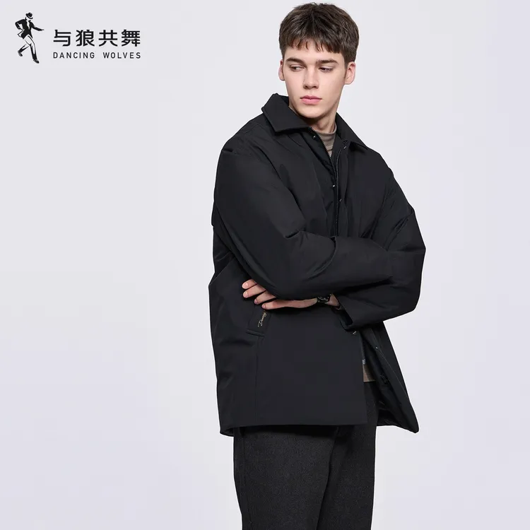 与狼共舞翻领中长款羽绒服男士2025秋冬新款休闲商务防风保暖外套