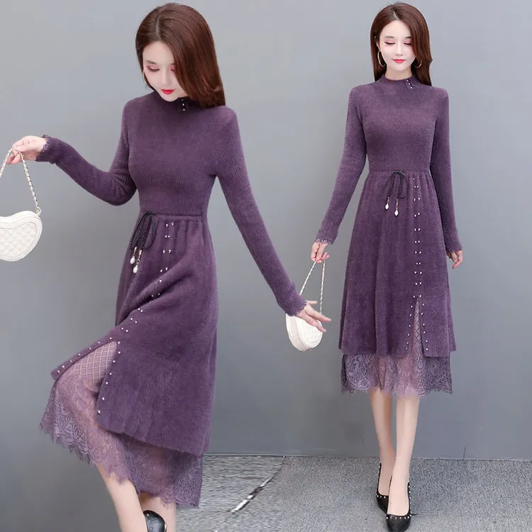 仿貂绒针织连衣裙女2025新款秋冬韩版拼接系带外穿过膝裙宽松休闲