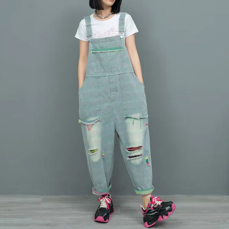 欧若风背带裤女宽松九分裤破洞高腰垮裤潮款2025春秋韩版减龄垮裤