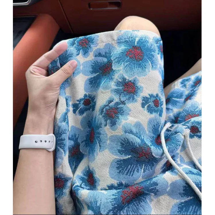 美式复古风休闲宽松沙滩裤夏季花纹刺绣设计感宽松直筒五分裤男款