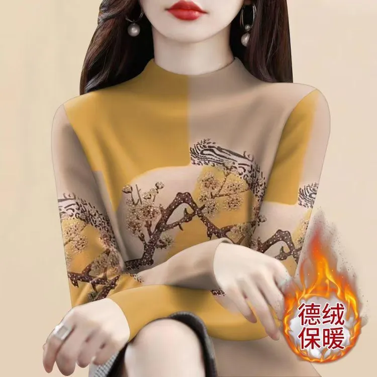 德绒加厚打底衫女洋气秋冬新款长袖T恤显瘦加绒保暖上衣服外穿