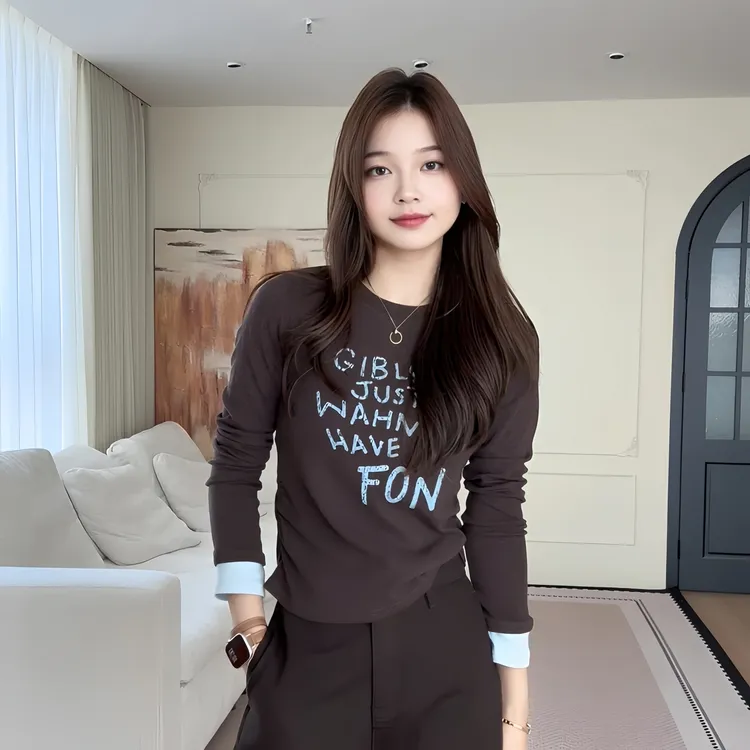 字母印花休闲长袖T恤女2025秋季大码胖MM拼接百搭修身显瘦上衣