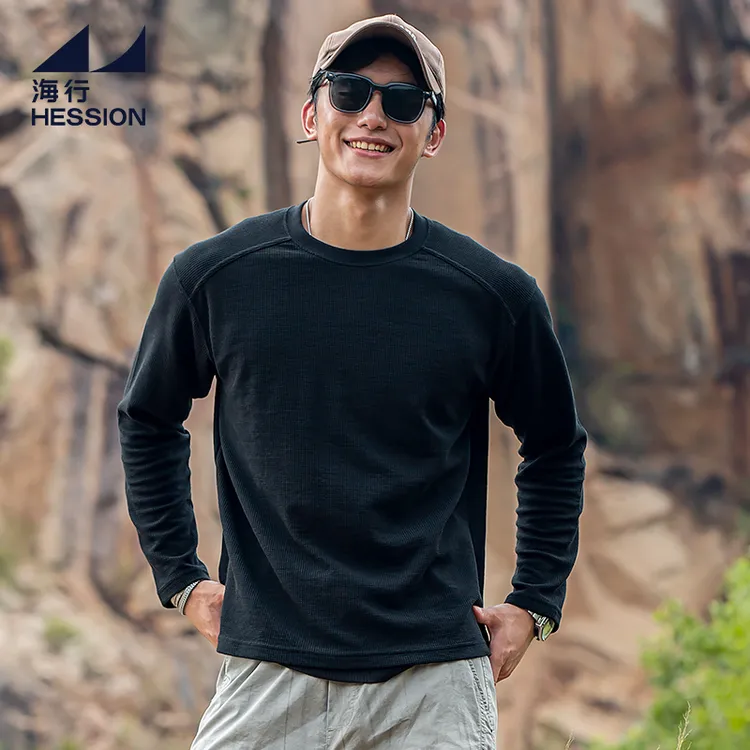 海行黑色260g重磅加厚华夫格插肩圆领打底衫男休闲百搭长袖t恤