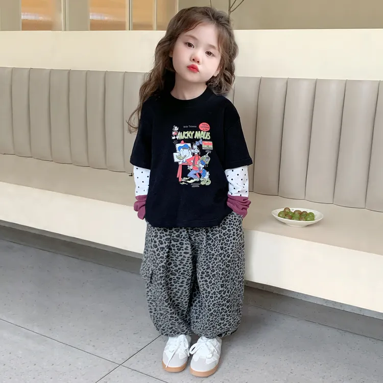女童套装洋气卡通网红儿童休闲卫衣豹纹裤子两件套小女孩宝宝秋装