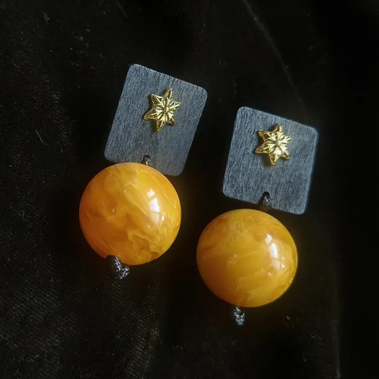 合金木质耳饰 时尚韩版复古花色几何图案手工耳环红色耳饰耳钉女