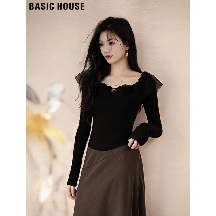 Basic House/百家好荷叶边一字领针织衫女早秋打底衫修身短款上衣