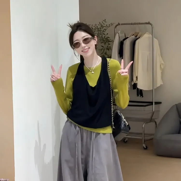 大码修身显瘦打底上衣秋季套装女装微胖MM挂脖吊带背心早秋两件套