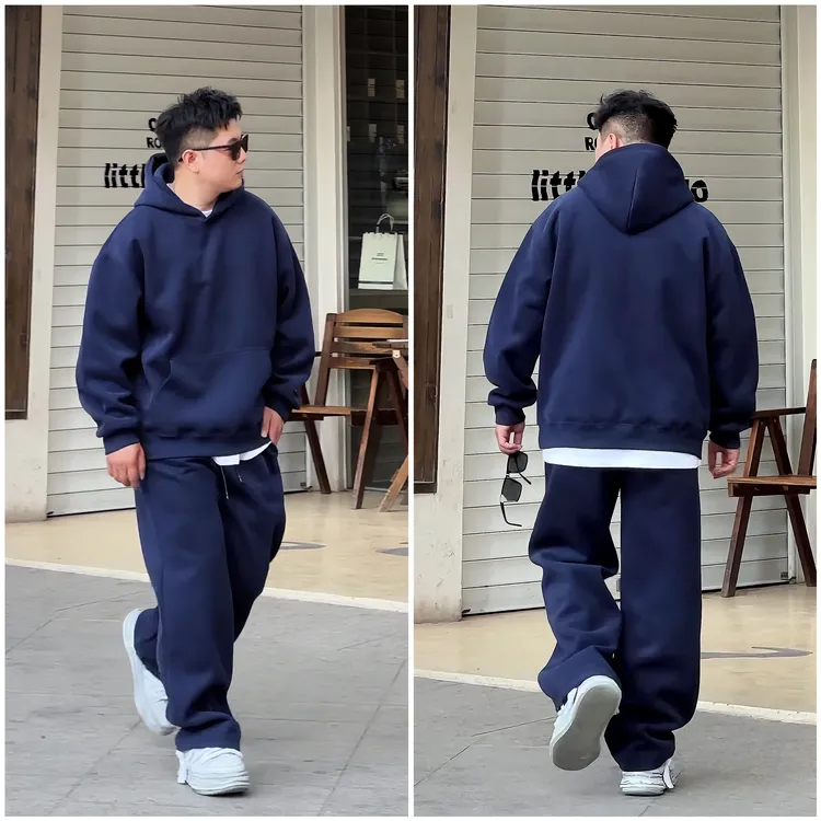 秋冬新款美式休闲运动套装加厚纯色连帽卫衣套装宽松情侣款套装