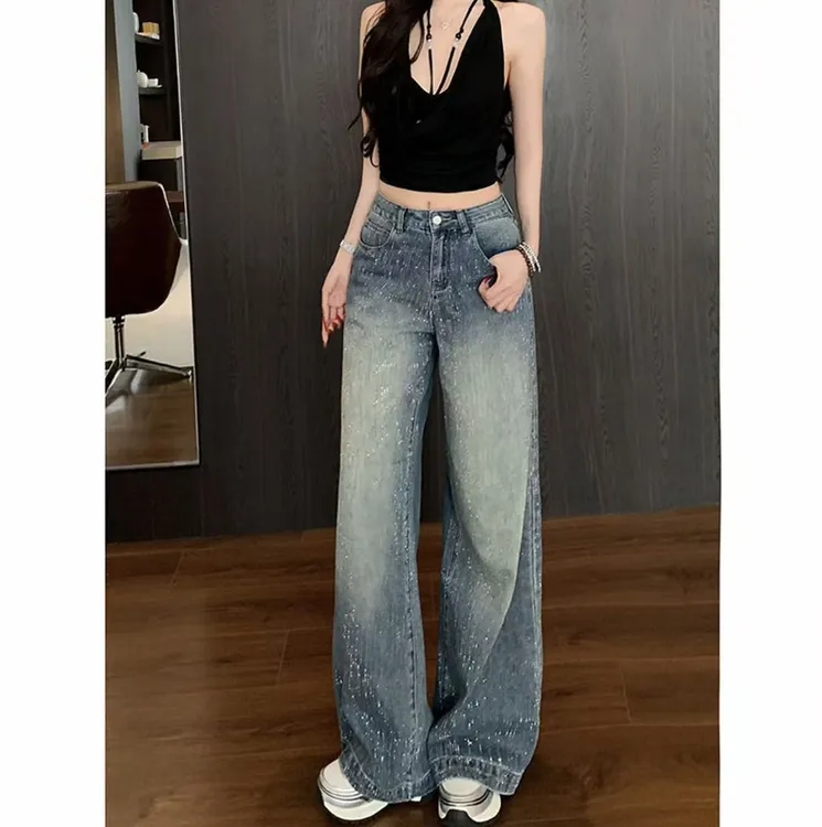 （现货+运险）星河烫钻牛仔裤女2025秋冬款高腰宽松显瘦拖地裤