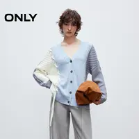 ONLY2025秋季新款宽松落肩V领拼接开衫毛衣针织衫女|12533B002